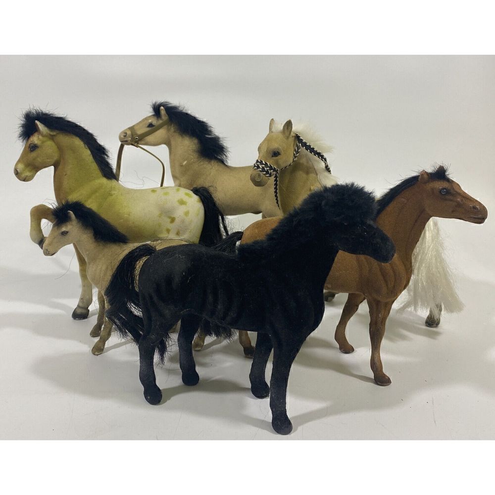 Lot Of (6) Vintage Flocked Plastic Horse Toys Tan Brown Black Unmarked figurine